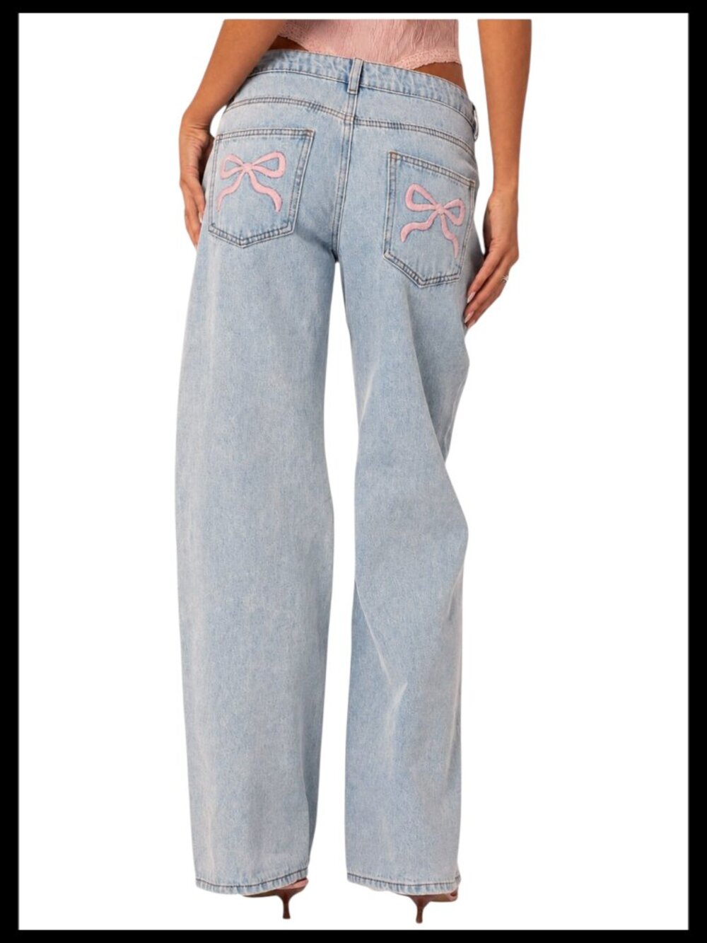 Edikted Baggy Jeans Light Blue Pink Bow Embroidered Low Rise S